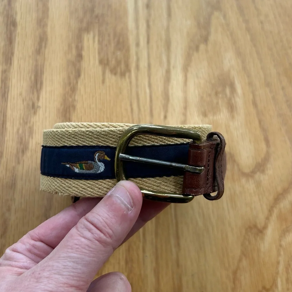 Vintage Pintail‎ Duck Canvas Surcingle Belt Navy Tan Striped Leather Brass Large